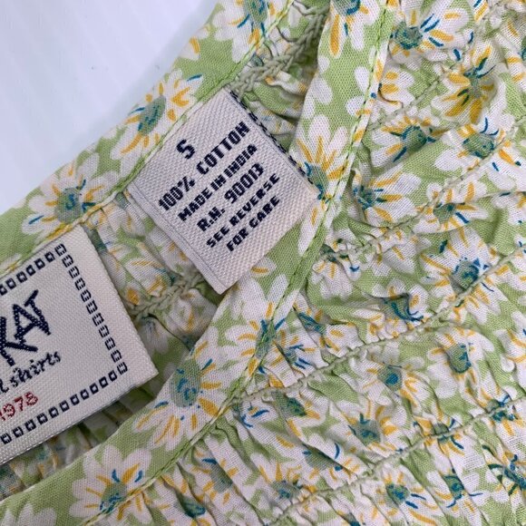 Krazy Kat Shirt Small Crop Shirred Green Floral Cotton Retro Summer - Picture 9 of 12